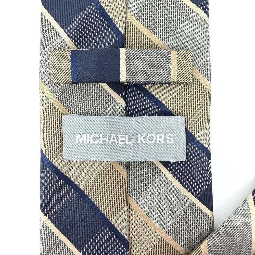 Michael Kors Plaid Check Necktie Blue Gray‎ Beige Polyester 59x3